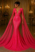 Feather Illusion Iridescent Luxury Shiny Sequin - HOT PINK - 4 Way Stretch Mesh Fabric – Prom & Evening Dress Material By The Yard.
