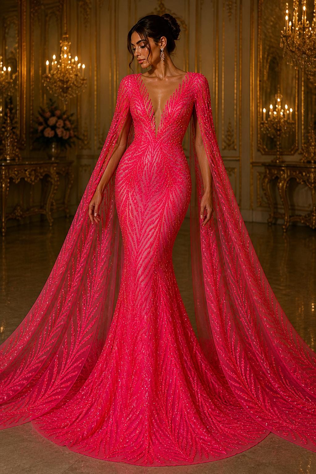 Feather Illusion Iridescent Luxury Shiny Sequin - HOT PINK - 4 Way Stretch Mesh Fabric – Prom & Evening Dress Material By The Yard.