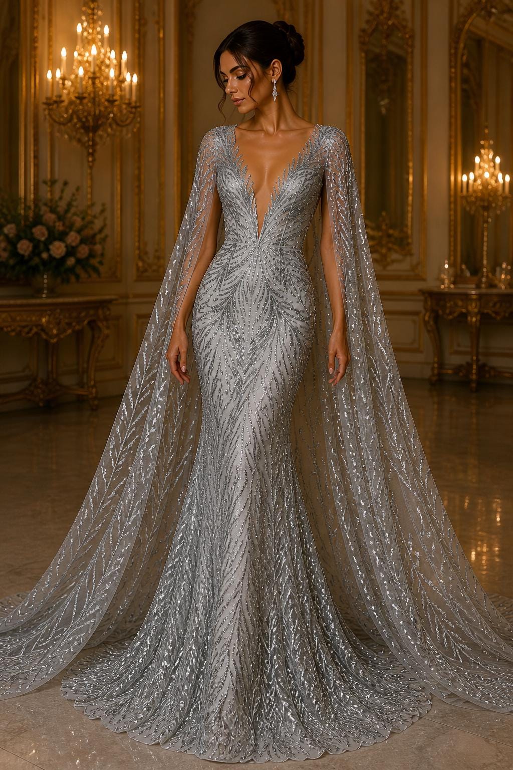Feather Illusion Luxury Shiny Sequin - SILVER- 4 Way Stretch Mesh Fabric – Prom & Evening Dress Material By The Yard.