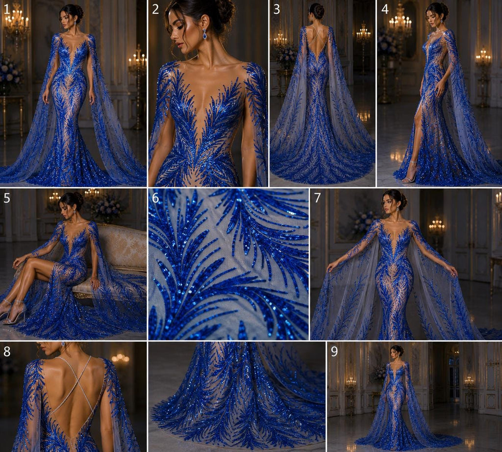 Feather Illusion Luxury Shiny Sequin - ROYAL - 4 Way Stretch Mesh Fabric – Prom & Evening Dress Material By The Yard.