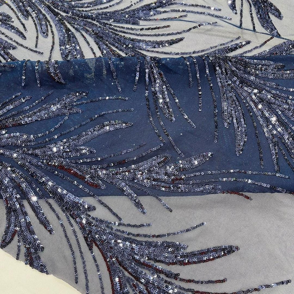 Feather Illusion Luxury Shiny Sequin - NAVY - 4 Way Stretch Mesh Fabric – Prom & Evening Dress Material By The Yard.