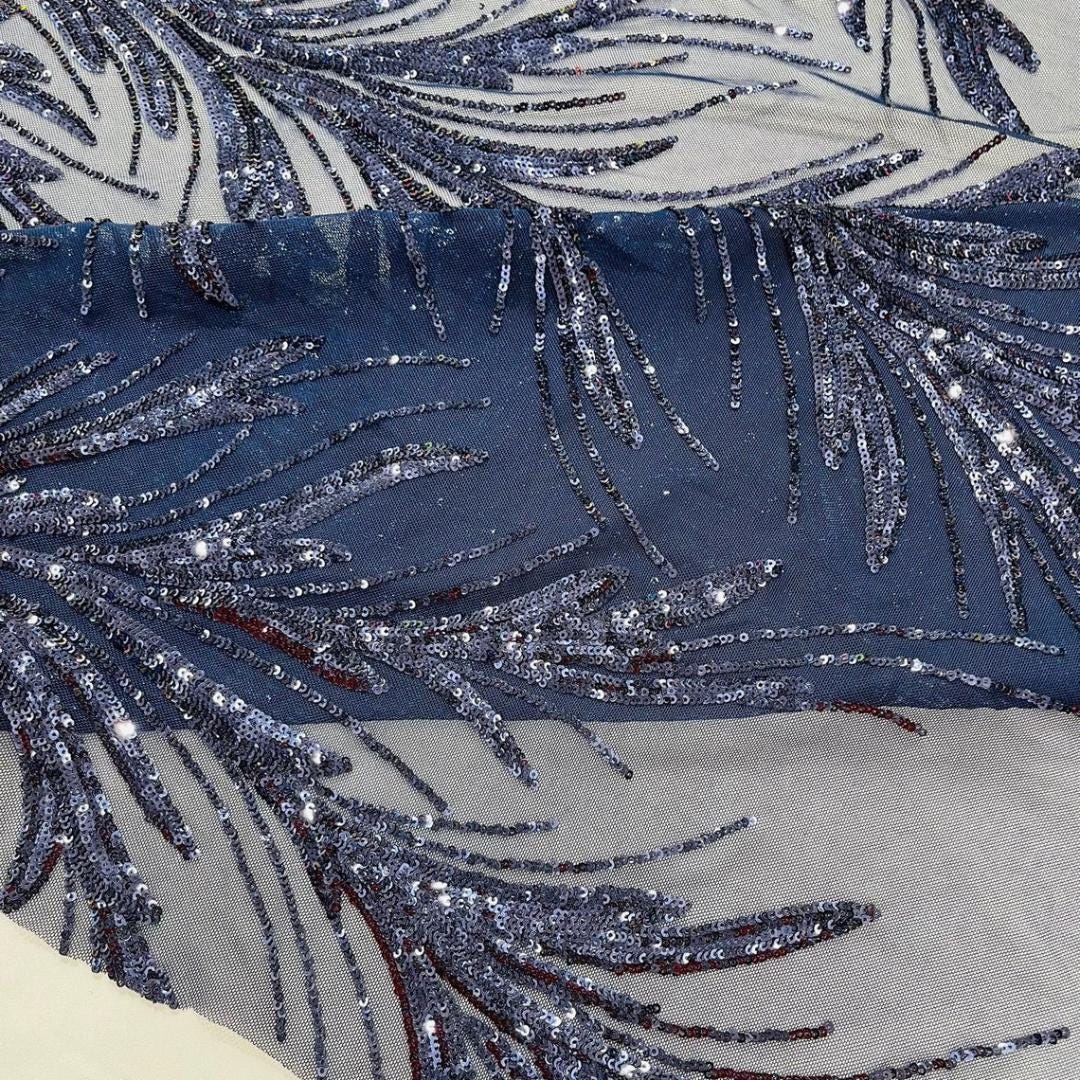 Feather Illusion Luxury Shiny Sequin - NAVY - 4 Way Stretch Mesh Fabric – Prom & Evening Dress Material By The Yard.