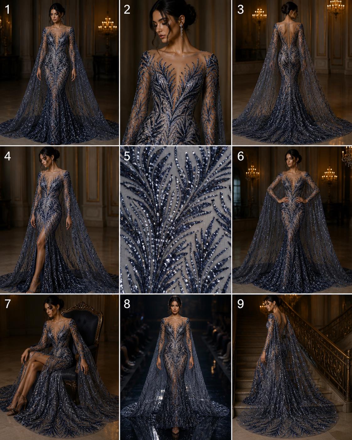Feather Illusion Luxury Shiny Sequin - NAVY - 4 Way Stretch Mesh Fabric – Prom & Evening Dress Material By The Yard.