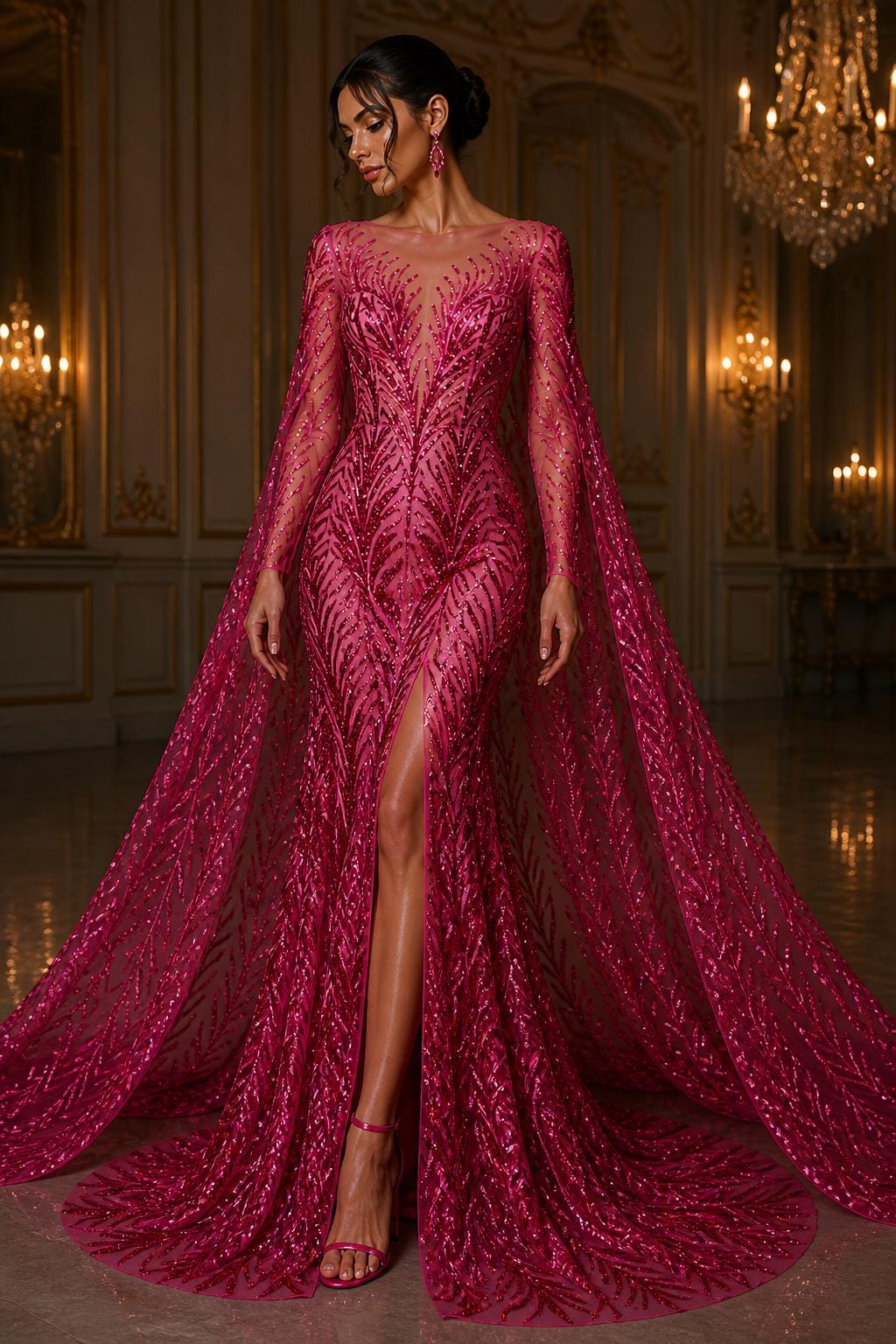 Feather Illusion Luxury Shiny Sequin - FUCHSIA - 4 Way Stretch Mesh Fabric – Prom & Evening Dress Material By The Yard.