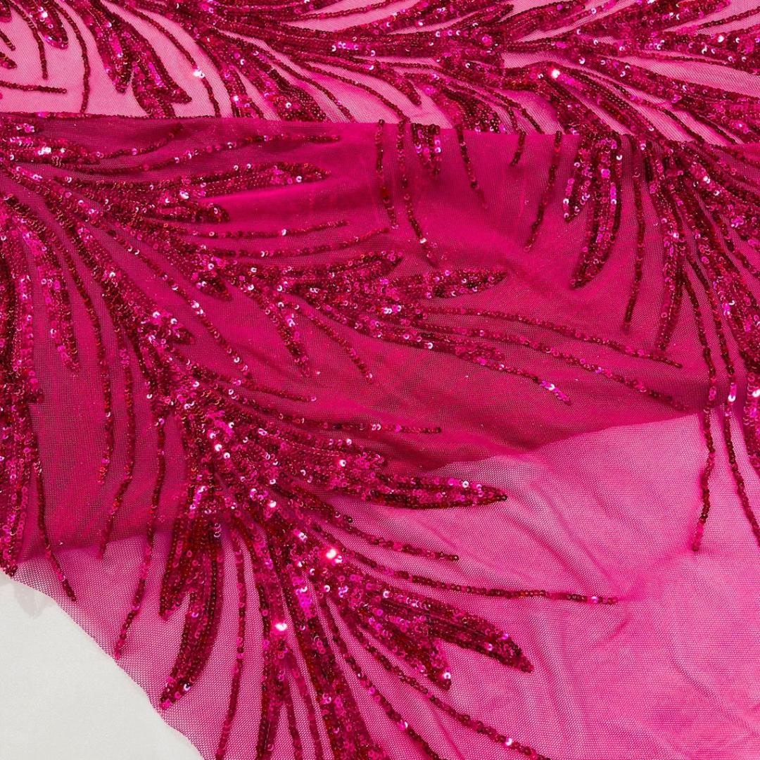 Feather Illusion Luxury Shiny Sequin - FUCHSIA - 4 Way Stretch Mesh Fabric – Prom & Evening Dress Material By The Yard.