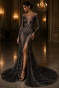 Feather Illusion Luxury Shiny Sequin - BLACK - 4 Way Stretch Mesh Fabric – Prom & Evening Dress Material By The Yard.