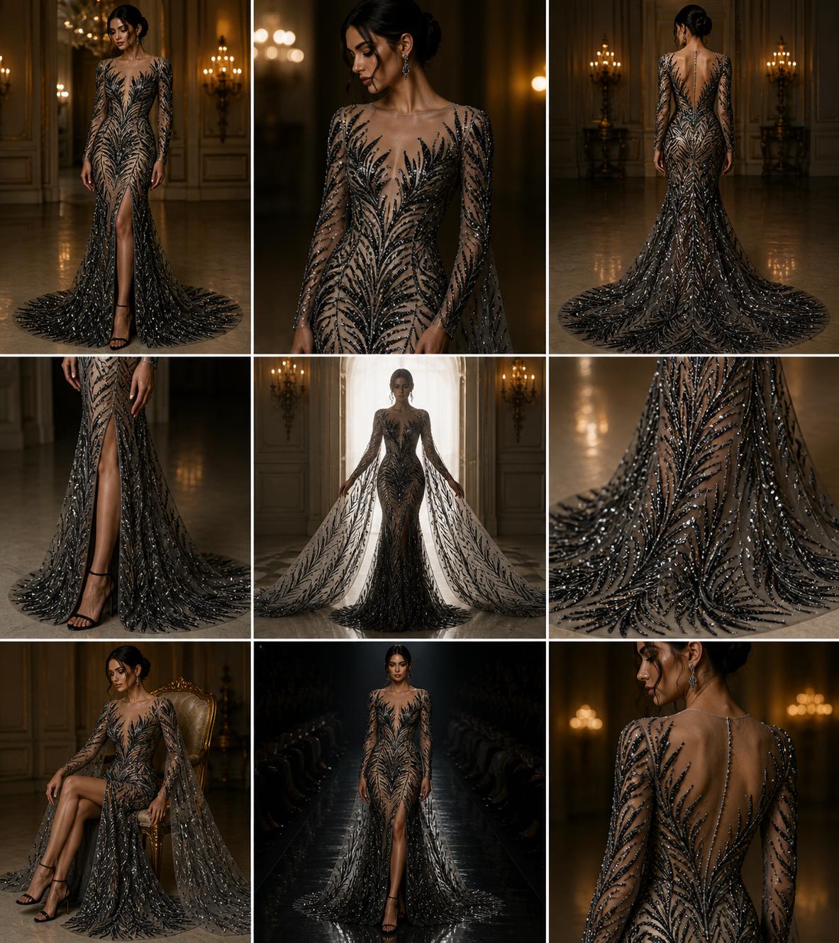 Feather Illusion Luxury Shiny Sequin - BLACK - 4 Way Stretch Mesh Fabric – Prom & Evening Dress Material By The Yard.