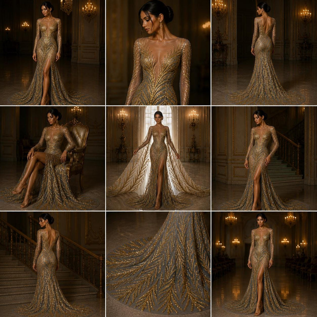 Feather Illusion Luxury Shiny Sequin - GOLD/BLACK - 4 Way Stretch Mesh Fabric – Prom & Evening Dress Material By The Yard.