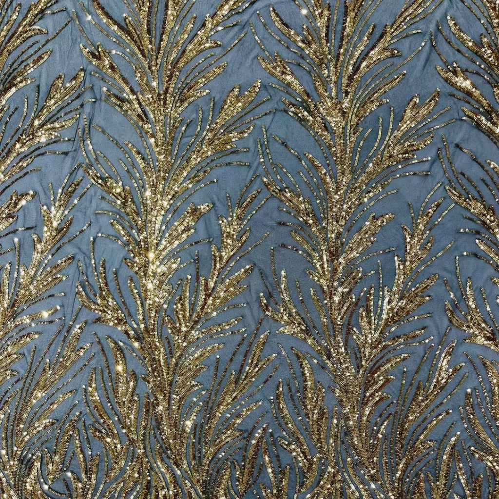 Feather Illusion Luxury Shiny Sequin - GOLD/BLACK - 4 Way Stretch Mesh Fabric – Prom & Evening Dress Material By The Yard.