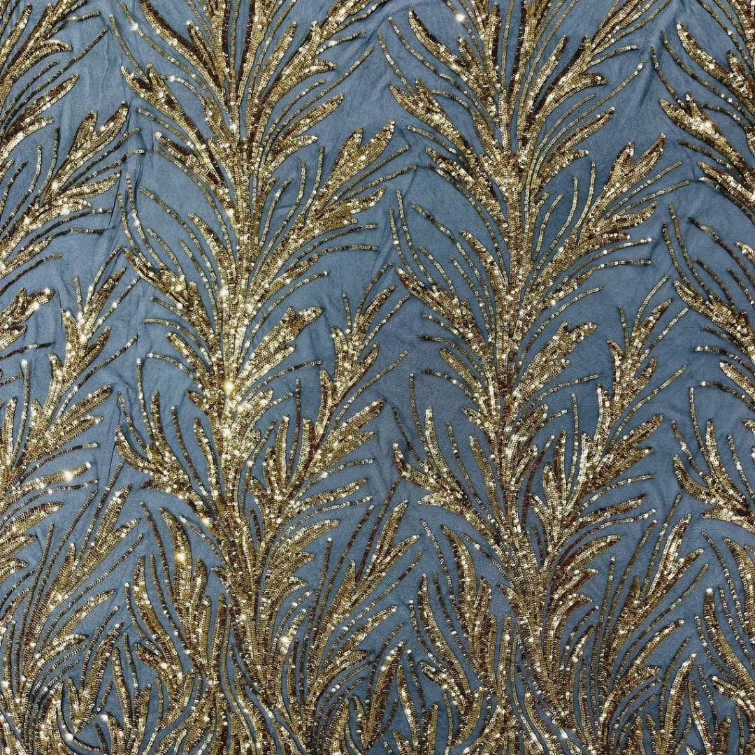 Feather Illusion Luxury Shiny Sequin - GOLD/BLACK - 4 Way Stretch Mesh Fabric – Prom & Evening Dress Material By The Yard.