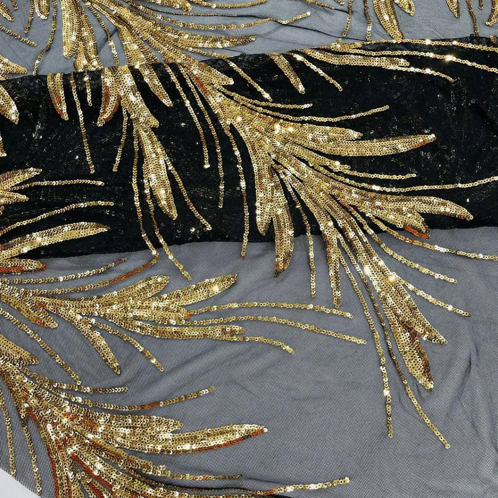 Feather Illusion Luxury Shiny Sequin - GOLD/BLACK - 4 Way Stretch Mesh Fabric – Prom & Evening Dress Material By The Yard.
