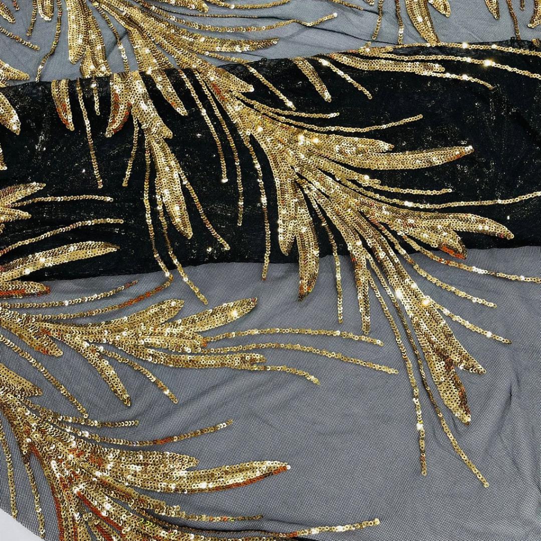 Feather Illusion Luxury Shiny Sequin - GOLD/BLACK - 4 Way Stretch Mesh Fabric – Prom & Evening Dress Material By The Yard.