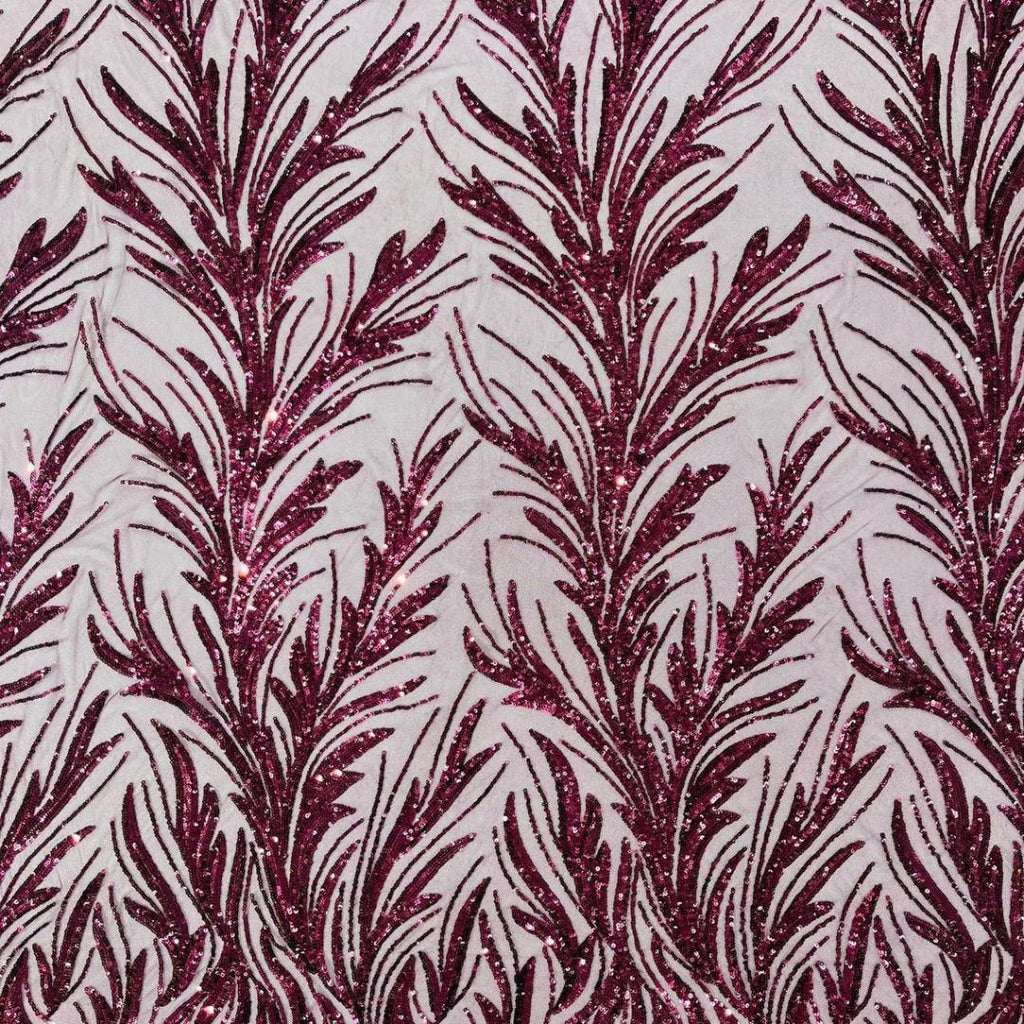 Feather Illusion Luxury Shiny Sequin - PLUM - 4 Way Stretch Mesh Fabric – Prom & Evening Dress Material By The Yard.