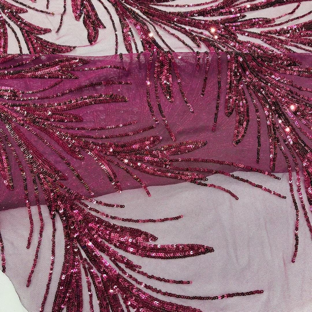 Feather Illusion Luxury Shiny Sequin - PLUM - 4 Way Stretch Mesh Fabric – Prom & Evening Dress Material By The Yard.