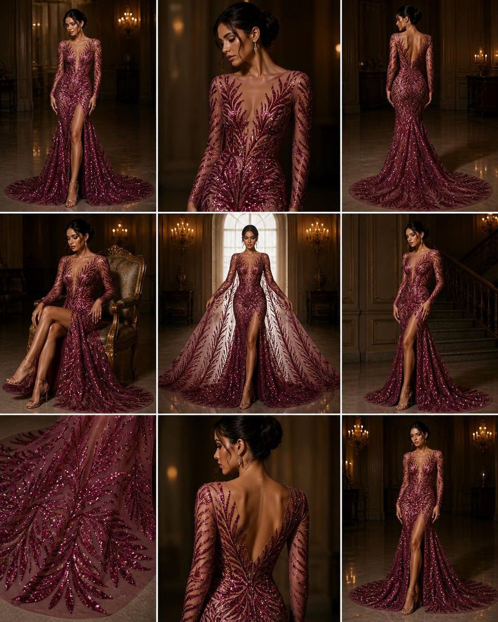Feather Illusion Luxury Shiny Sequin - PLUM - 4 Way Stretch Mesh Fabric – Prom & Evening Dress Material By The Yard.