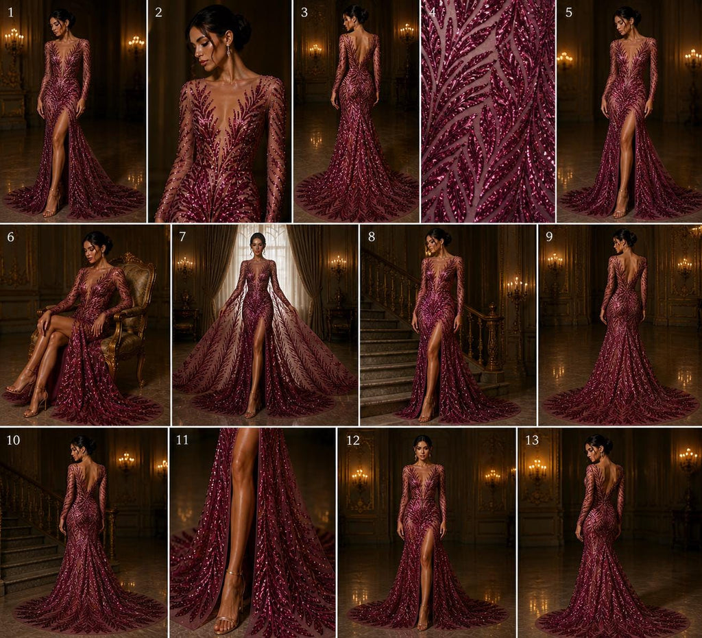 Feather Illusion Luxury Shiny Sequin - PLUM - 4 Way Stretch Mesh Fabric – Prom & Evening Dress Material By The Yard.
