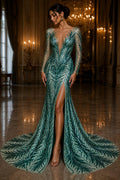 Feather Illusion Luxury Shiny Sequin - EMERALD - 4 Way Stretch Mesh Fabric – Prom & Evening Dress Material By The Yard.