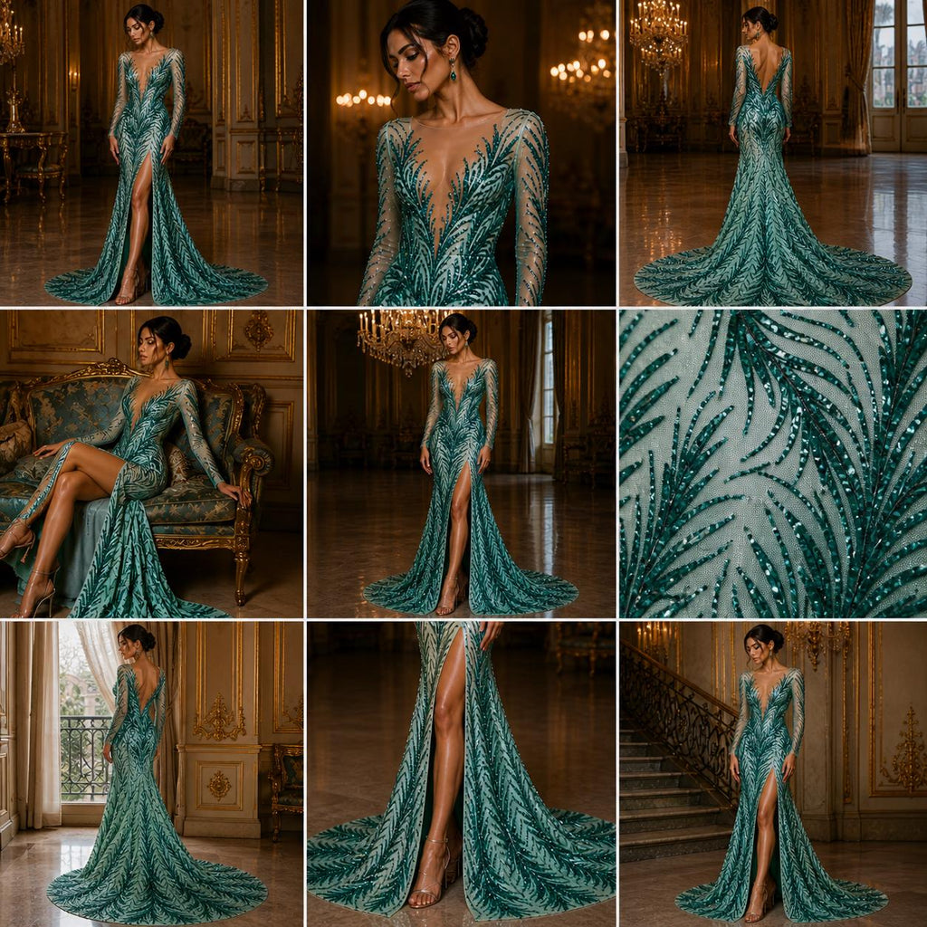 Feather Illusion Luxury Shiny Sequin - EMERALD - 4 Way Stretch Mesh Fabric – Prom & Evening Dress Material By The Yard.