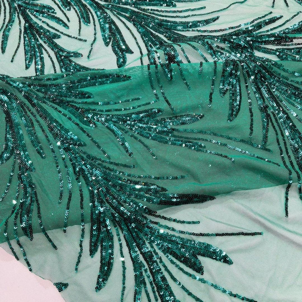 Feather Illusion Luxury Shiny Sequin - EMERALD - 4 Way Stretch Mesh Fabric – Prom & Evening Dress Material By The Yard.