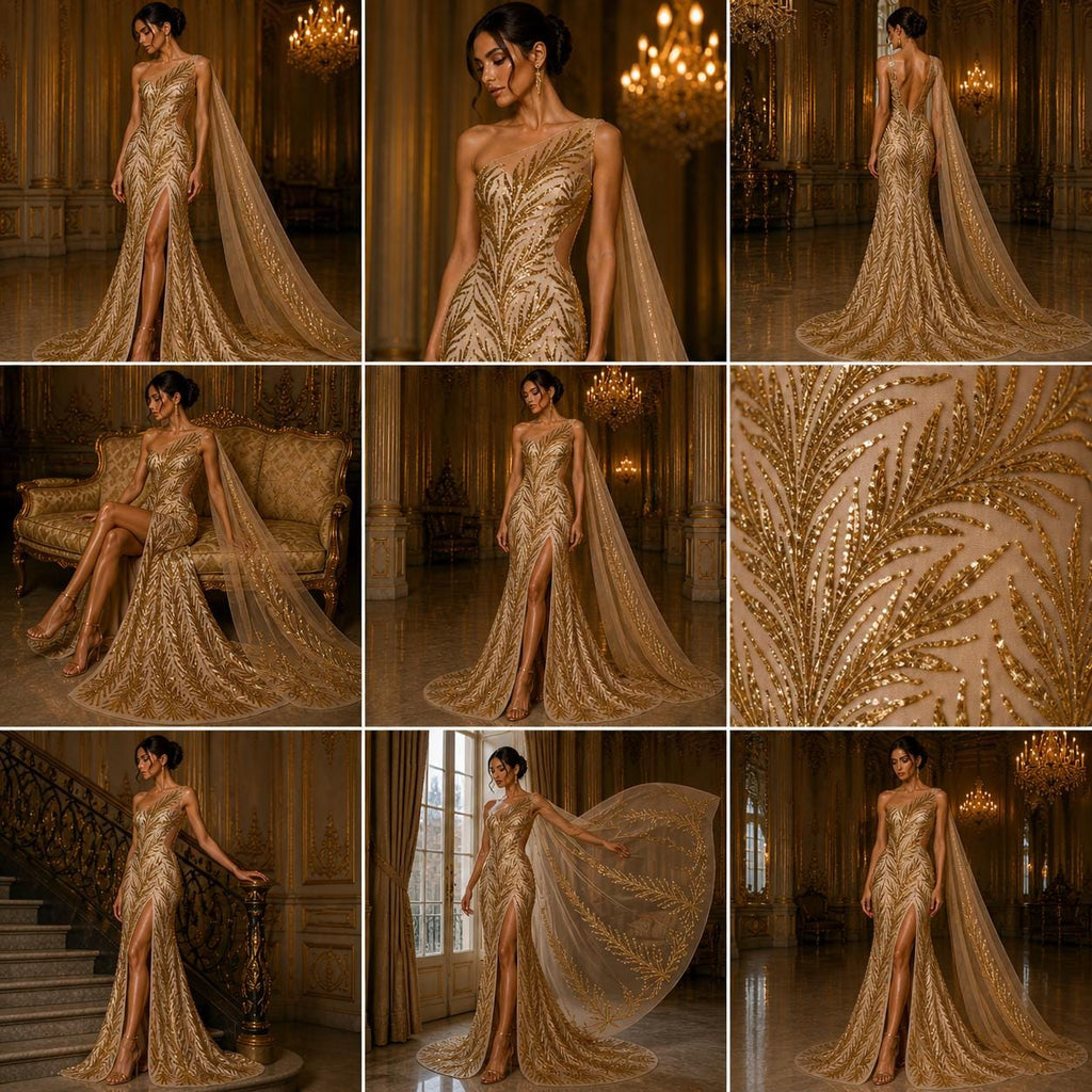 Feather Illusion Luxury Shiny Sequin - GOLD - 4 Way Stretch Mesh Fabric – Prom & Evening Dress Material By The Yard.
