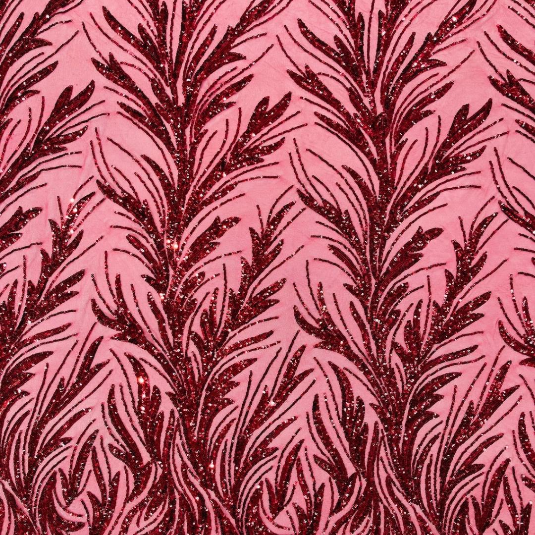 Feather Illusion Luxury Shiny Sequin - BURGUNDY - 4 Way Stretch Mesh Fabric – Prom & Evening Dress Material By The Yard.