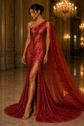Feather Illusion Luxury Shiny Sequin - RED - 4 Way Stretch Mesh Fabric – Prom & Evening Dress Material By The Yard.
