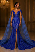 Royal Sapphire Sequin Embroidered Mesh Fabric – Luxury Blue Lace by the Yard – Couture Evening Dress, Prom & Bridal Fabric