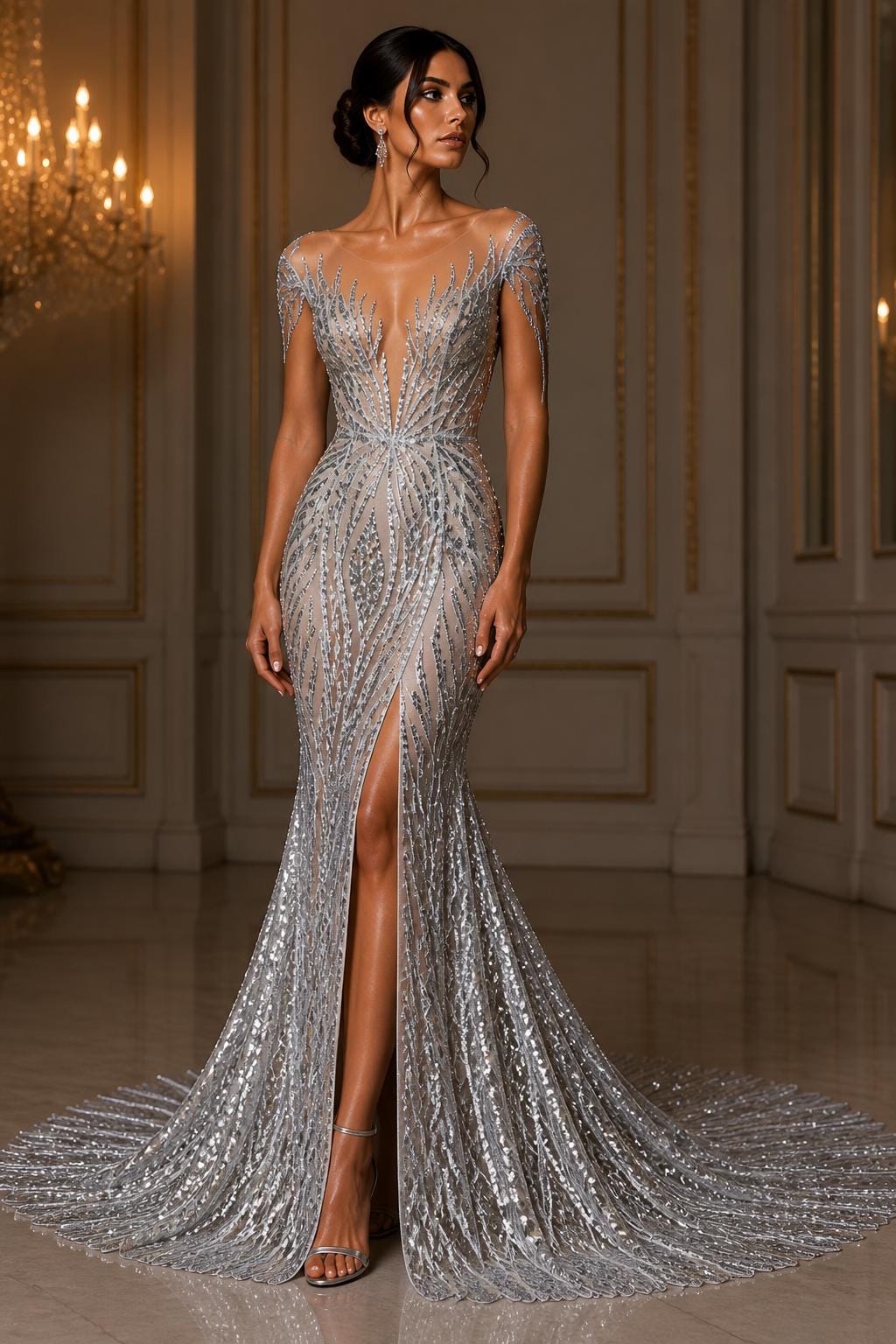 Silver Sapphire Sequin Embroidered Mesh Fabric – Luxury Blue Lace by the Yard – Couture Evening Dress, Prom & Bridal Fabric