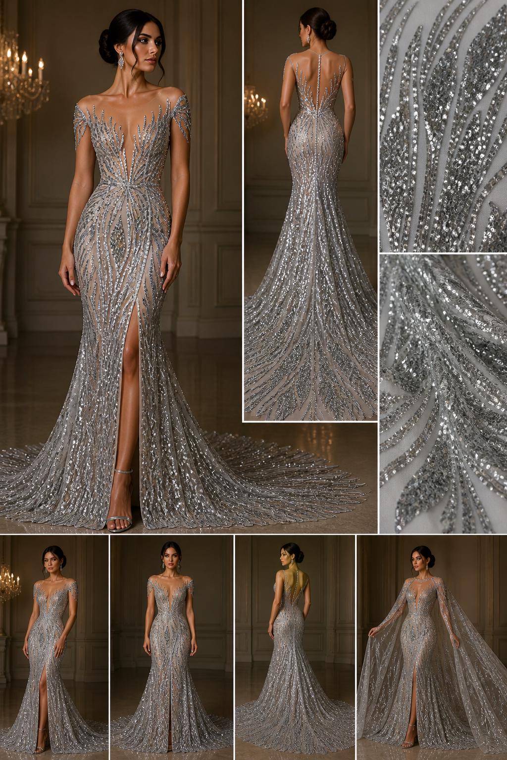Silver Sapphire Sequin Embroidered Mesh Fabric – Luxury Blue Lace by the Yard – Couture Evening Dress, Prom & Bridal Fabric