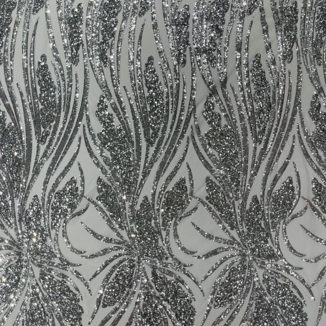 Silver Sapphire Sequin Embroidered Mesh Fabric – Luxury Blue Lace by the Yard – Couture Evening Dress, Prom & Bridal Fabric