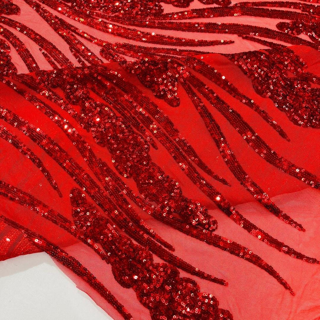 Red Sapphire Sequin Embroidered Mesh Fabric – Luxury Blue Lace by the Yard – Couture Evening Dress, Prom & Bridal Fabric