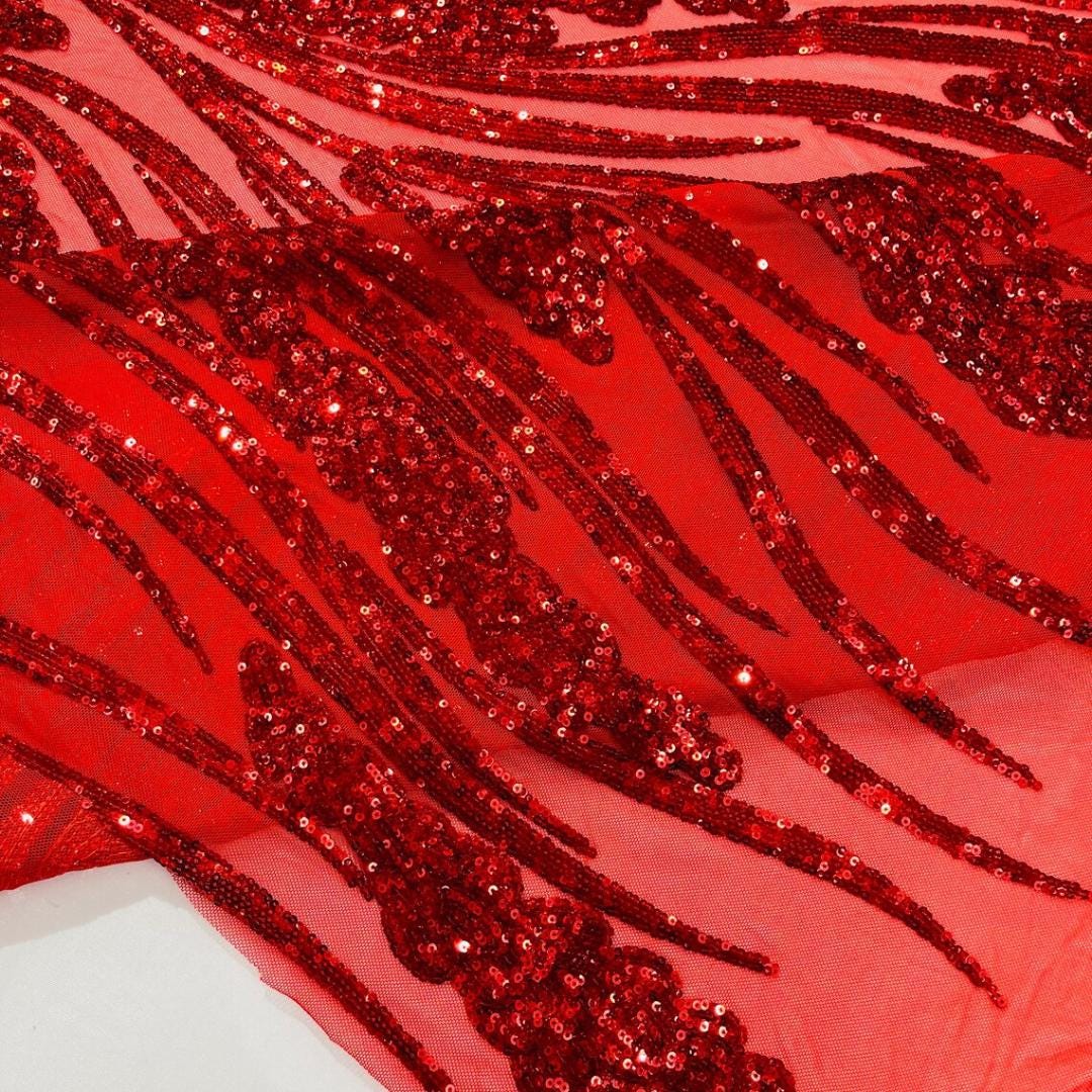 Red Sapphire Sequin Embroidered Mesh Fabric – Luxury Blue Lace by the Yard – Couture Evening Dress, Prom & Bridal Fabric