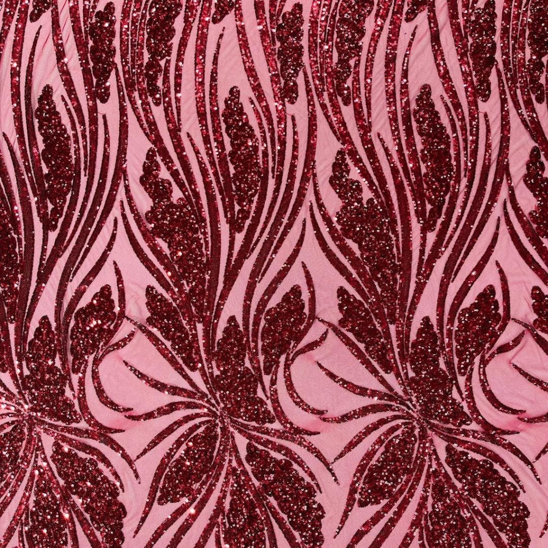 Burgundy Sapphire Sequin Embroidered Mesh Fabric – Luxury Blue Lace by the Yard – Couture Evening Dress, Prom & Bridal Fabric