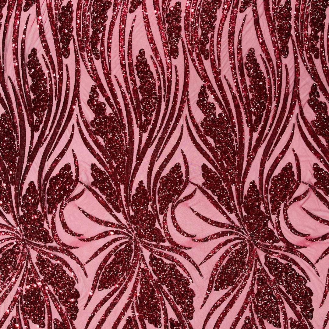 Burgundy Sapphire Sequin Embroidered Mesh Fabric – Luxury Blue Lace by the Yard – Couture Evening Dress, Prom & Bridal Fabric