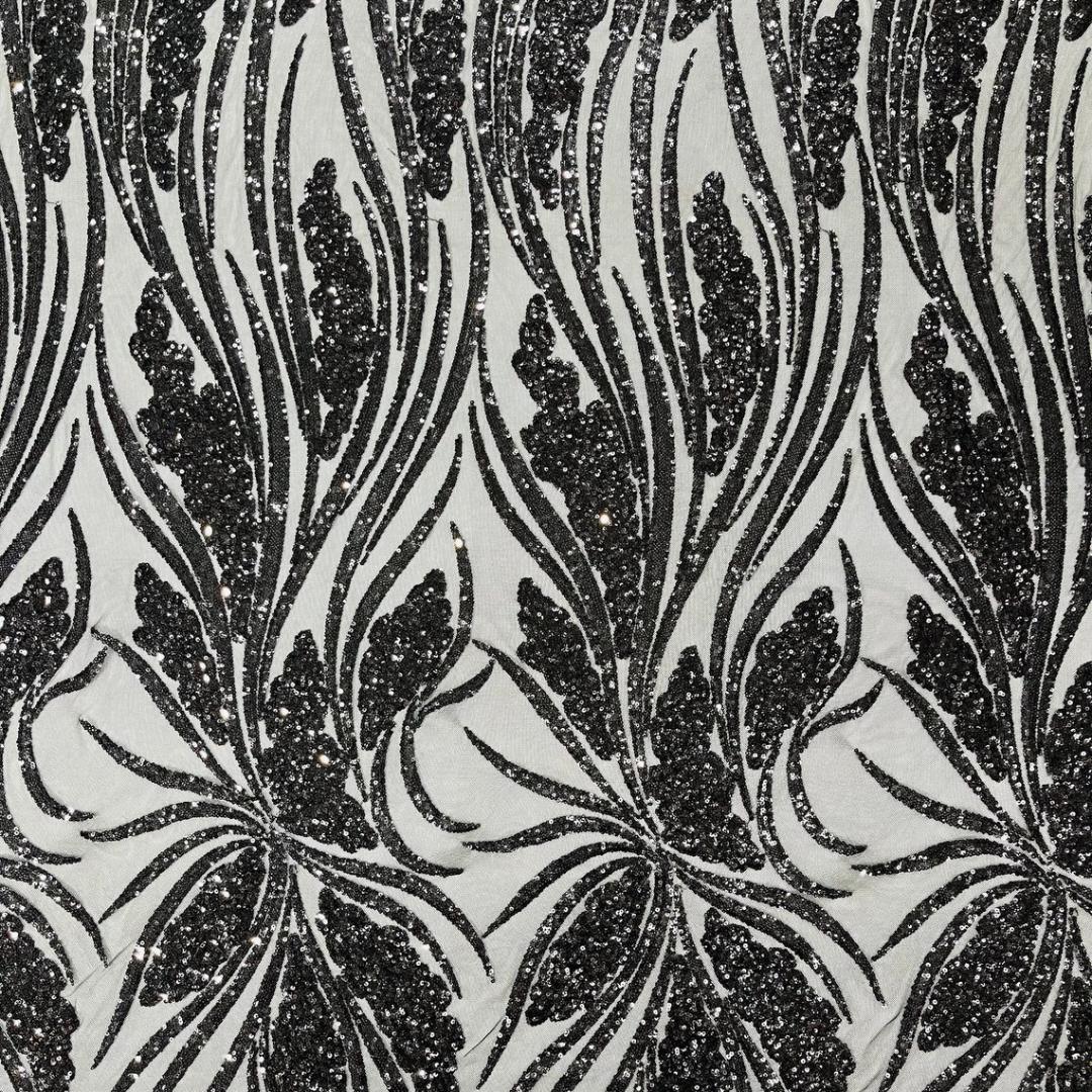 Black Sapphire Sequin Embroidered Mesh Fabric – Luxury Blue Lace by the Yard – Couture Evening Dress, Prom & Bridal Fabric