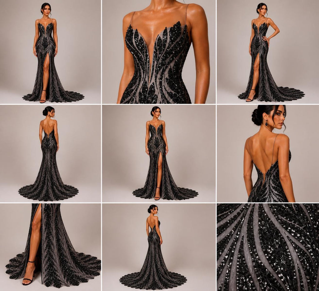 Black Sapphire Sequin Embroidered Mesh Fabric – Luxury Blue Lace by the Yard – Couture Evening Dress, Prom & Bridal Fabric