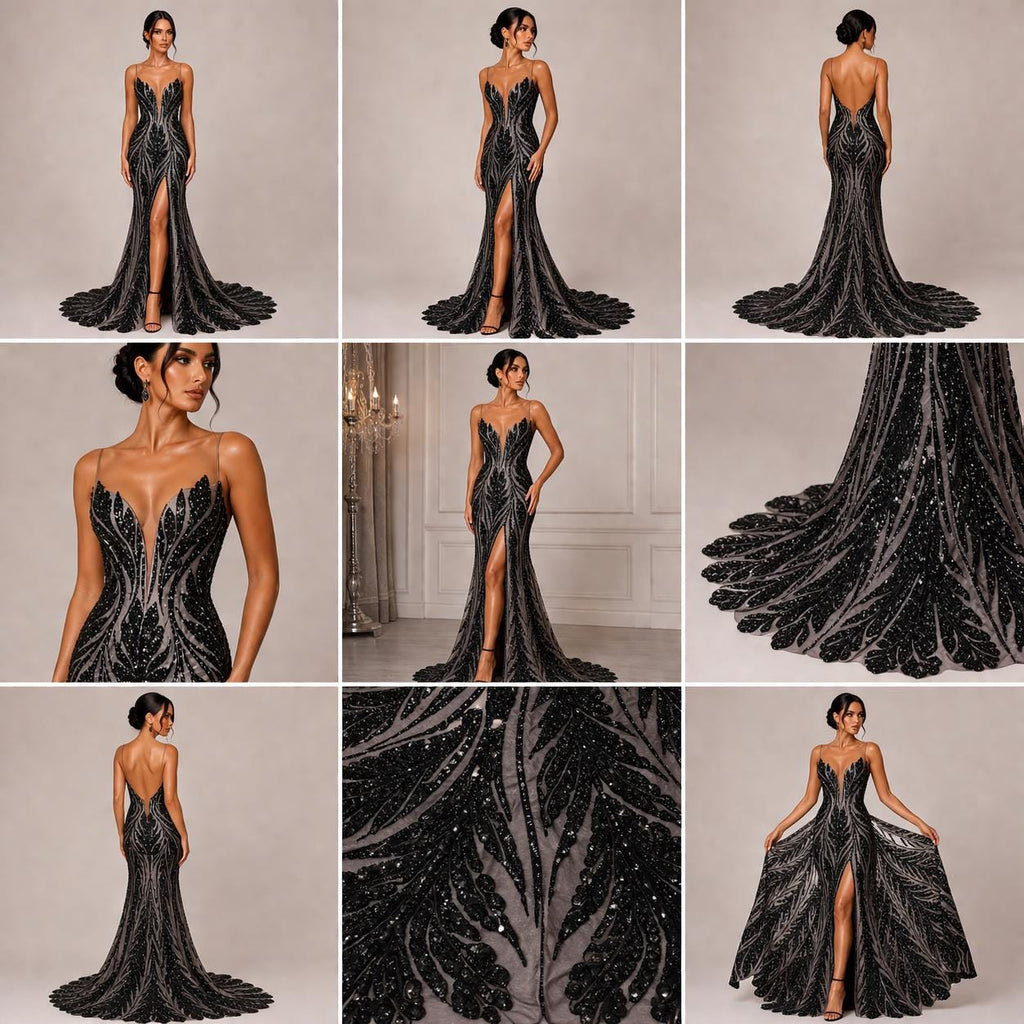 Black Sapphire Sequin Embroidered Mesh Fabric – Luxury Blue Lace by the Yard – Couture Evening Dress, Prom & Bridal Fabric