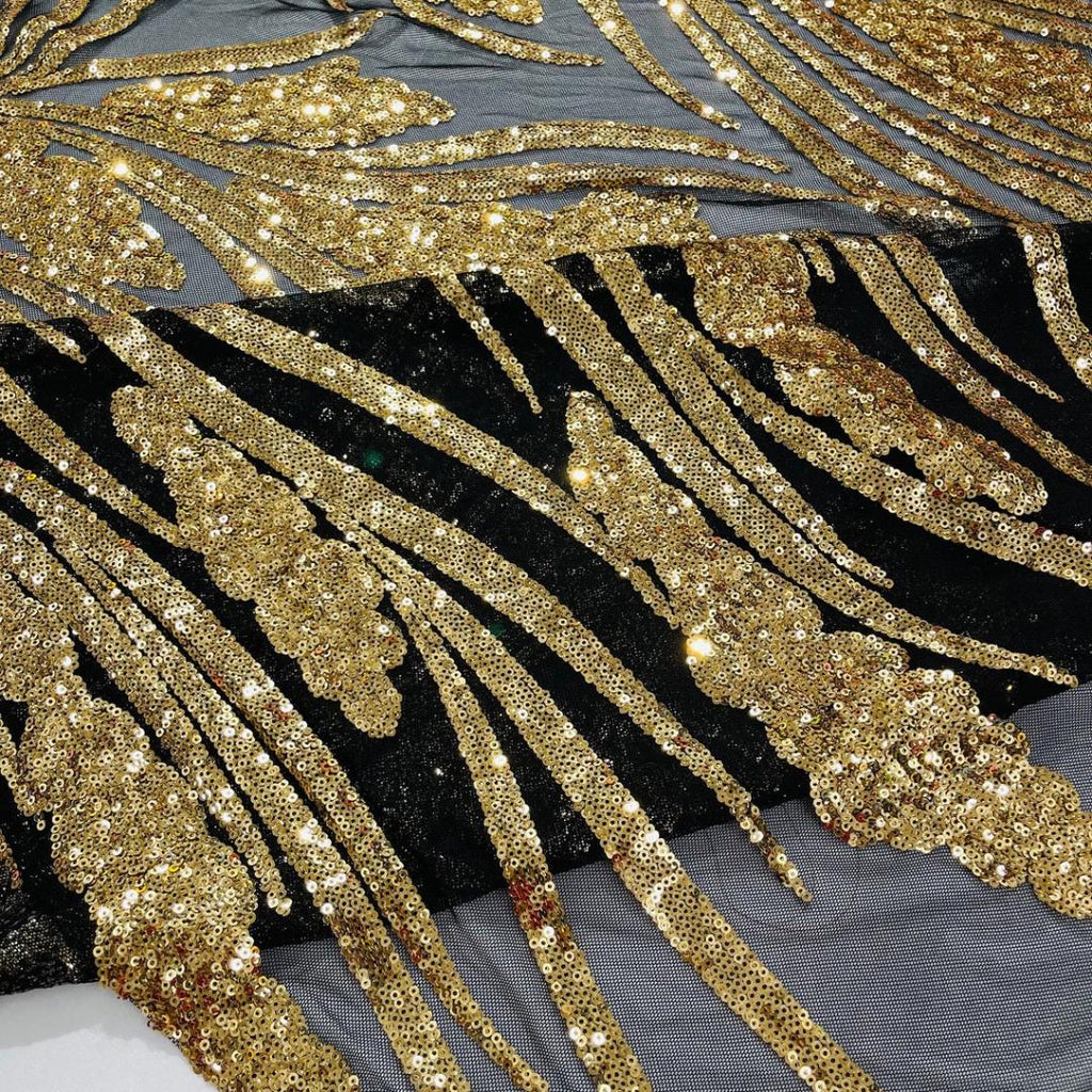 Gold/Black Sapphire Sequin Embroidered Mesh Fabric – Luxury Blue Lace by the Yard – Couture Evening Dress, Prom & Bridal Fabric