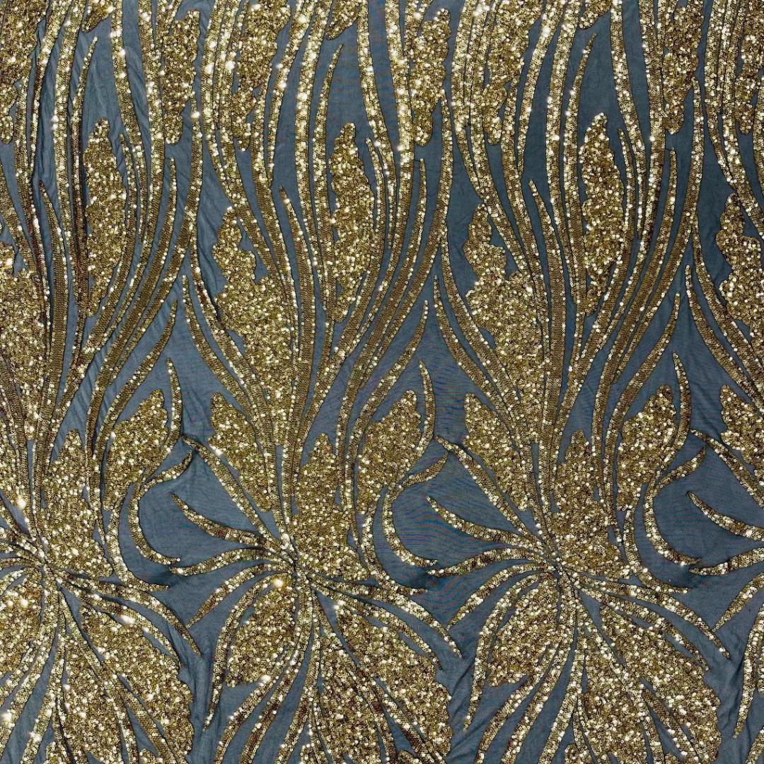 Gold/Black Sapphire Sequin Embroidered Mesh Fabric – Luxury Blue Lace by the Yard – Couture Evening Dress, Prom & Bridal Fabric
