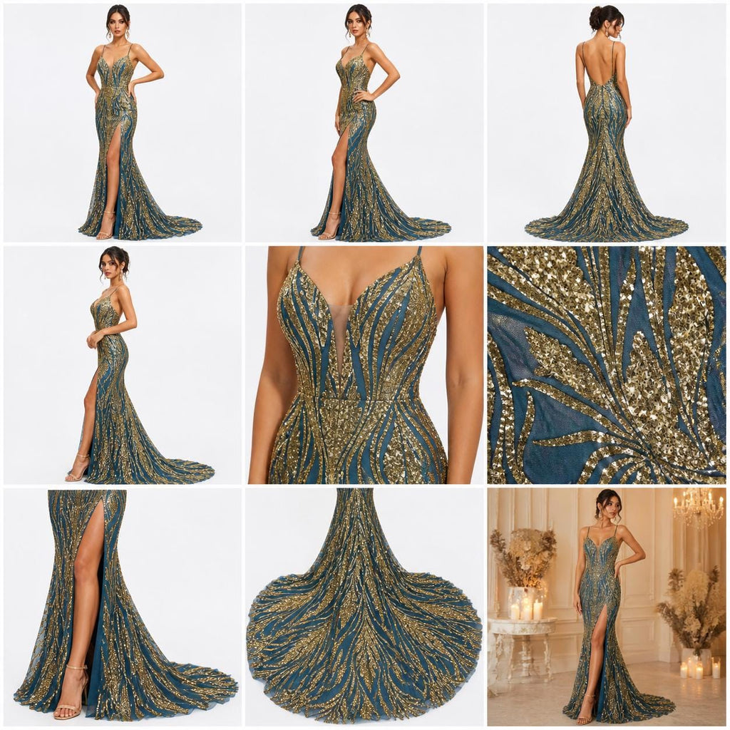 Gold/Black Sapphire Sequin Embroidered Mesh Fabric – Luxury Blue Lace by the Yard – Couture Evening Dress, Prom & Bridal Fabric