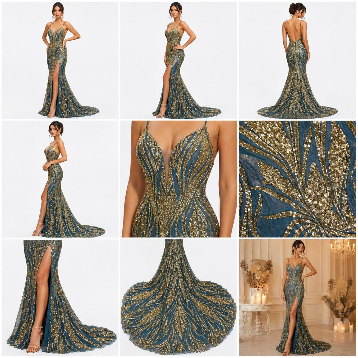 Gold/Black Sapphire Sequin Embroidered Mesh Fabric – Luxury Blue Lace by the Yard – Couture Evening Dress, Prom & Bridal Fabric