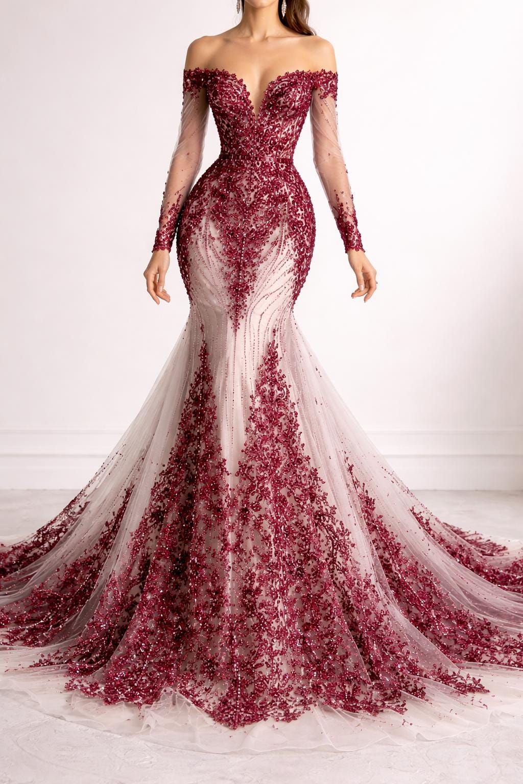 Luxury Lace - Burgundy - 3D Beaded Design with Embroidered Sequins and Beads On a Mesh Lace Fabric for Prom Dress By The Yard