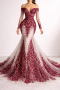 Luxury Lace - Burgundy - 3D Beaded Design with Embroidered Sequins and Beads On a Mesh Lace Fabric for Prom Dress By The Yard