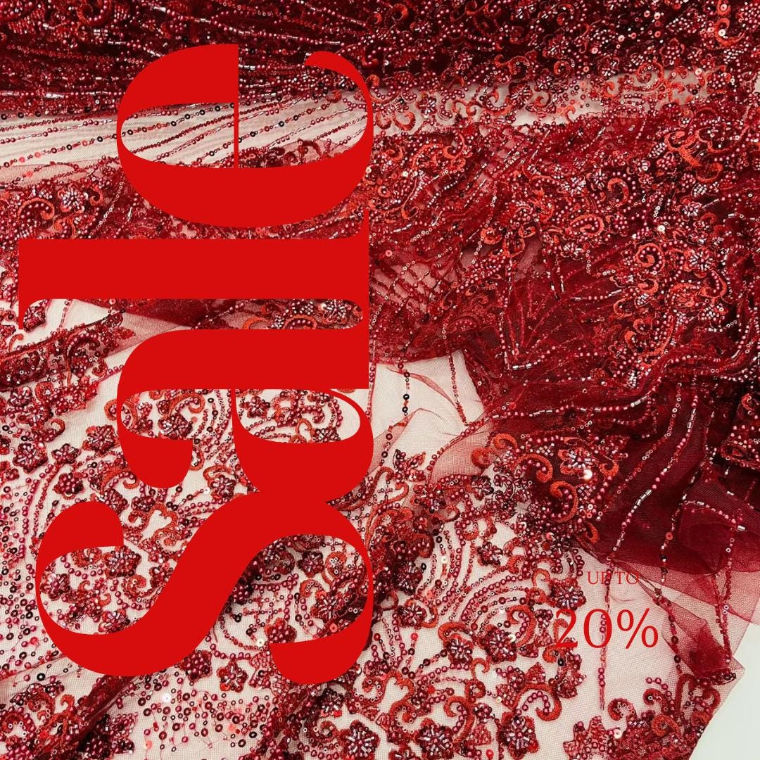 Luxury Lace - Burgundy - 3D Beaded Design with Embroidered Sequins and Beads On a Mesh Lace Fabric for Prom Dress By The Yard