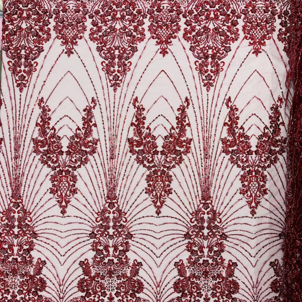 Luxury Lace - Burgundy - 3D Beaded Design with Embroidered Sequins and Beads On a Mesh Lace Fabric for Prom Dress By The Yard