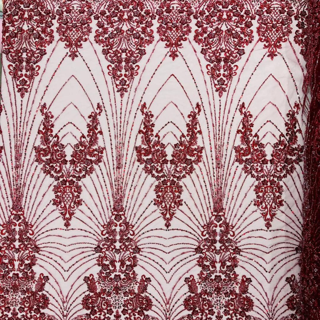 Luxury Lace - Burgundy - 3D Beaded Design with Embroidered Sequins and Beads On a Mesh Lace Fabric for Prom Dress By The Yard