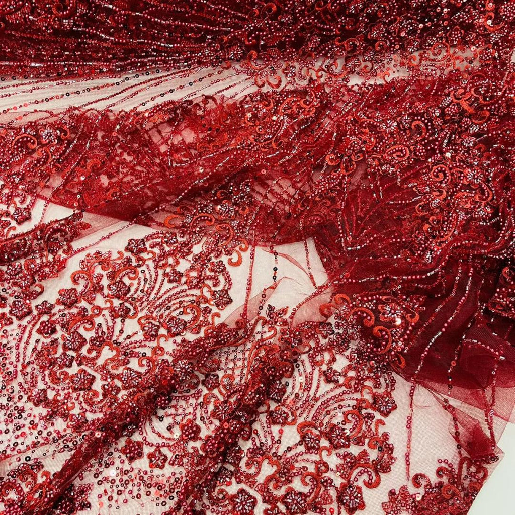 Luxury Lace - Burgundy - 3D Beaded Design with Embroidered Sequins and Beads On a Mesh Lace Fabric for Prom Dress By The Yard