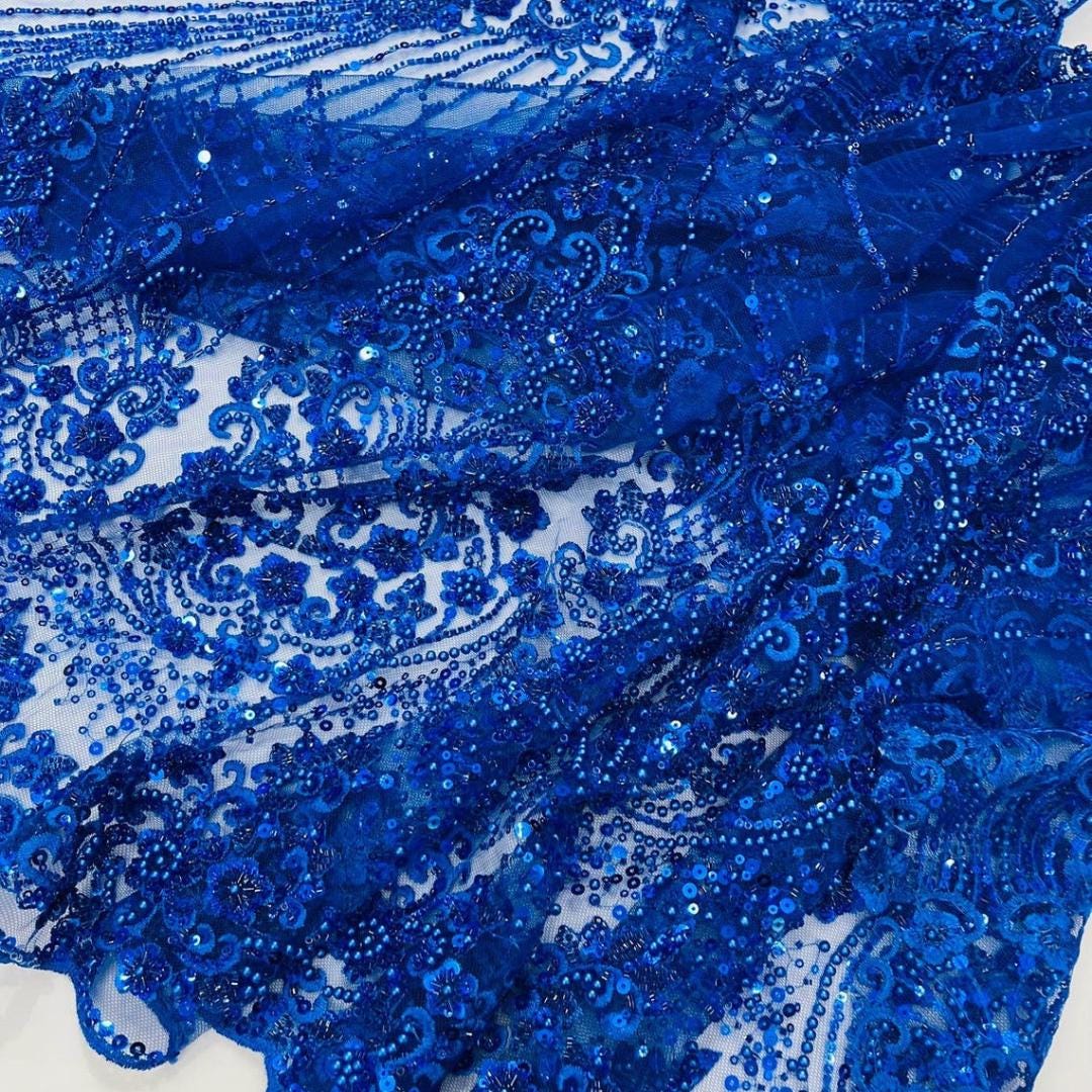 Luxury Lace - Royal Blue - 3D Beaded Design with Embroidered Sequins and Beads On a Mesh Lace Fabric for Prom Dress By The Yard