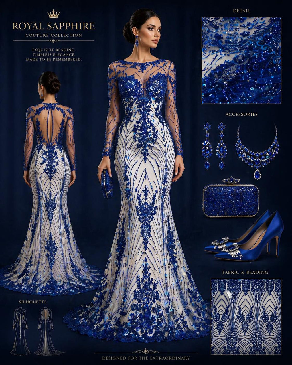 Luxury Lace - Royal Blue - 3D Beaded Design with Embroidered Sequins and Beads On a Mesh Lace Fabric for Prom Dress By The Yard