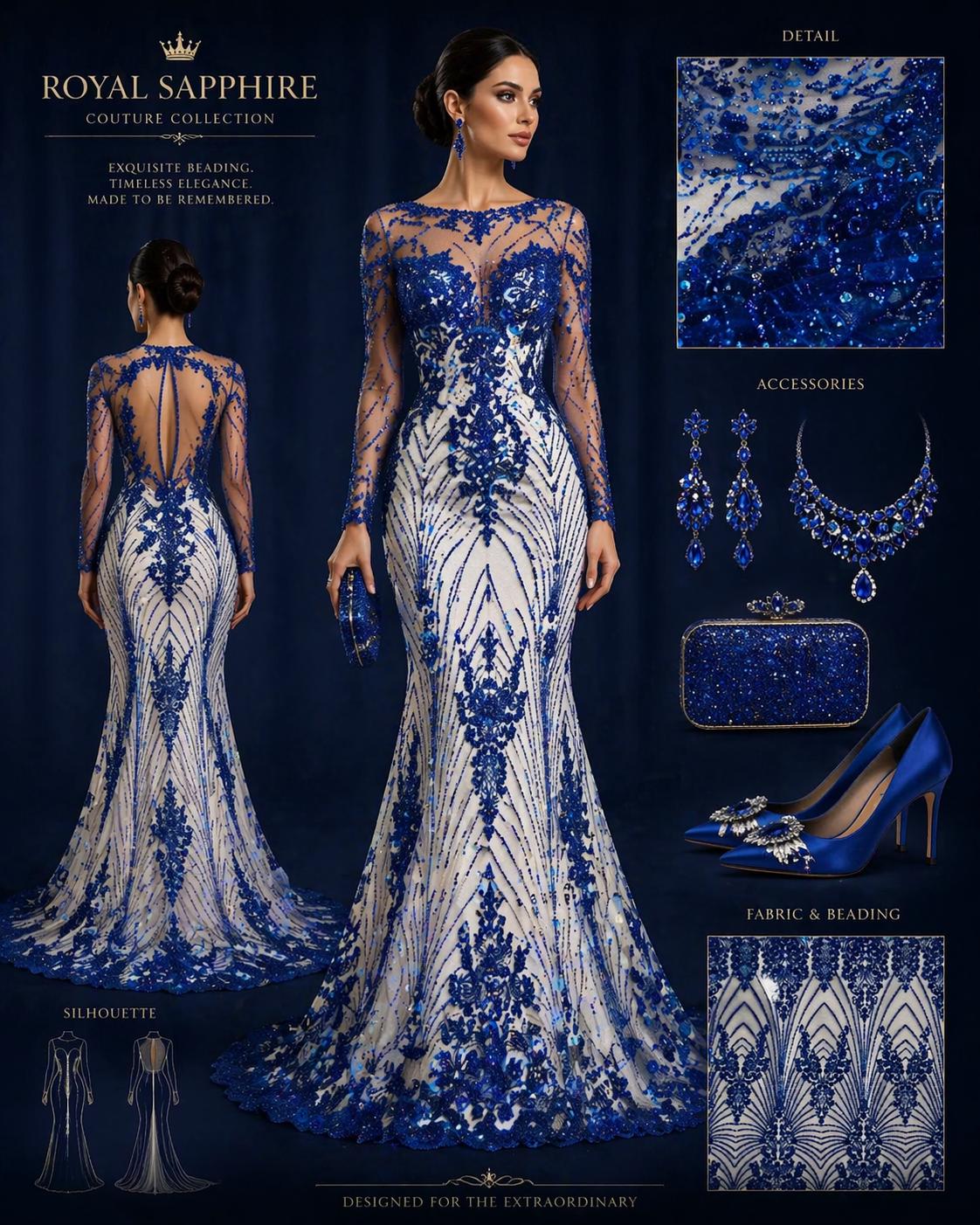 Luxury Lace - Royal Blue - 3D Beaded Design with Embroidered Sequins and Beads On a Mesh Lace Fabric for Prom Dress By The Yard